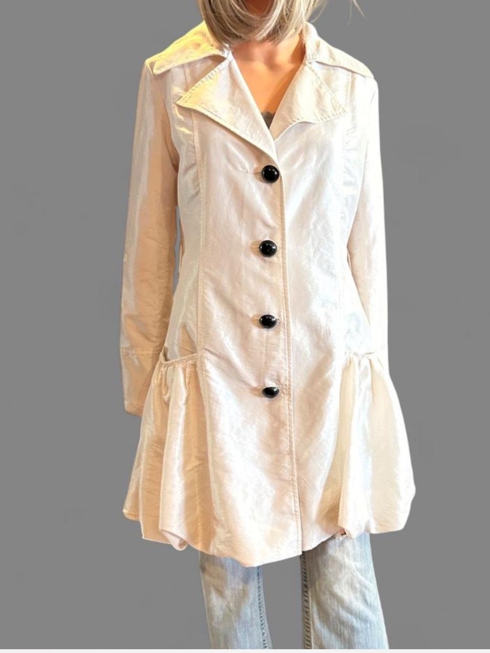☕️ Coffee Shop White Metallic Drop Waist Ruffle Trench Coat Jacket Size Large